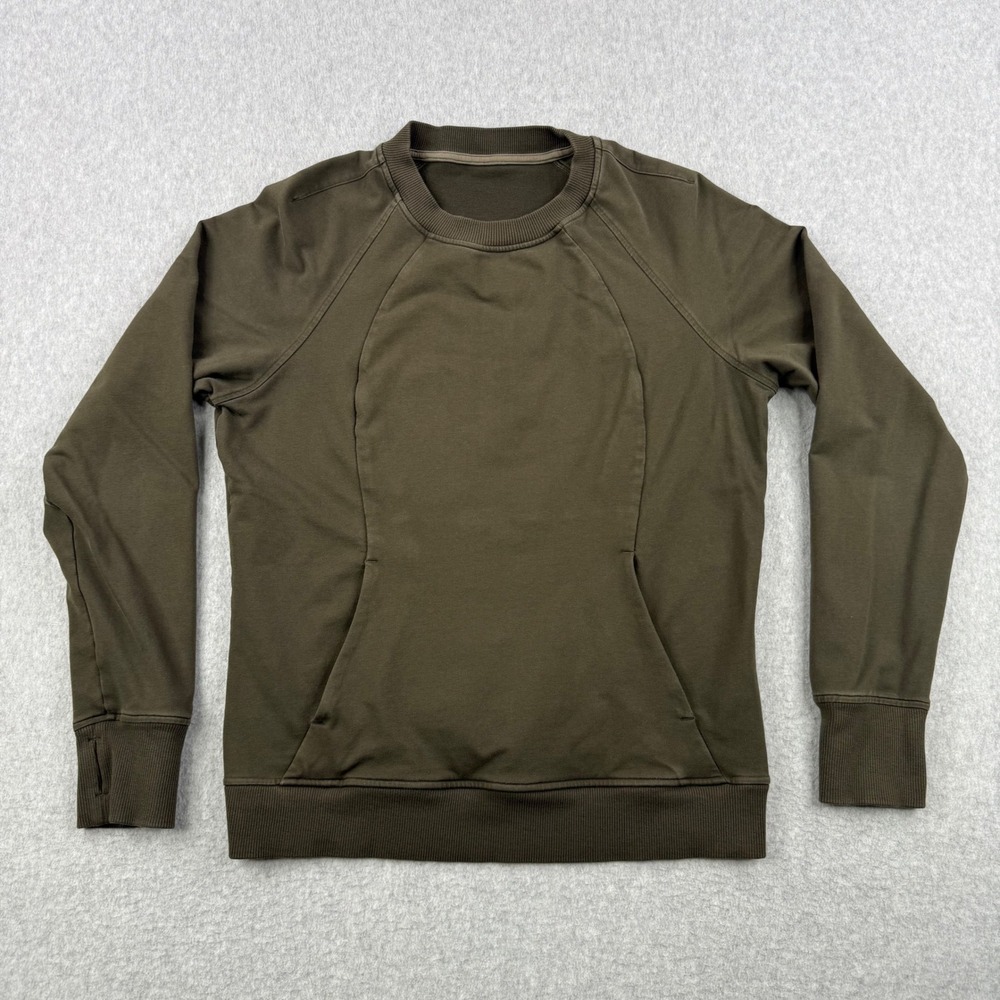Lululemon Sweatshirt Womens 10 Olive Green Scuba Crew Pullover Thumbholes Active